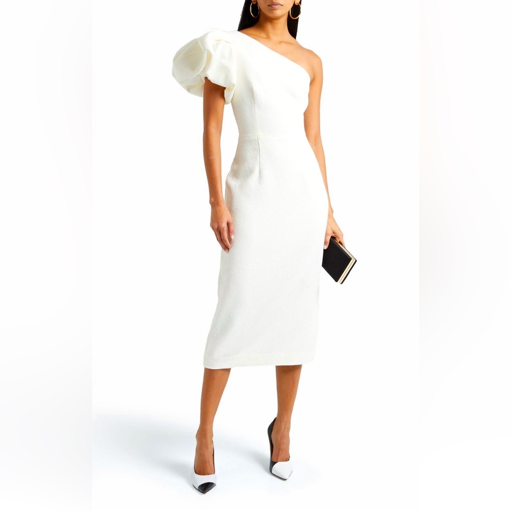 Rebecca Vallance off-white Andie one-shoulder cloqué midi dress